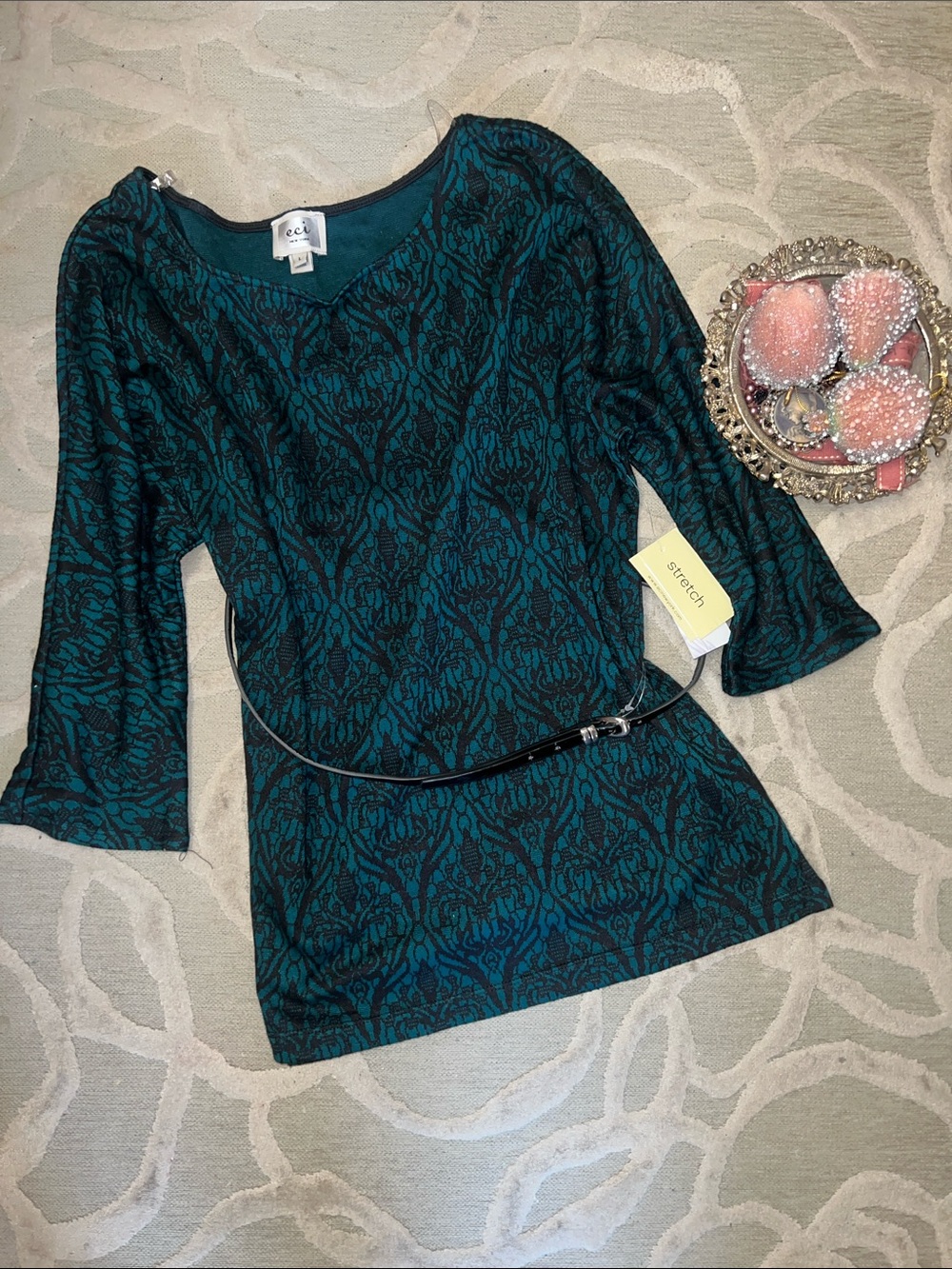 NWT🌷ECI🌷Teal black knit 3/4 sleeve belted top